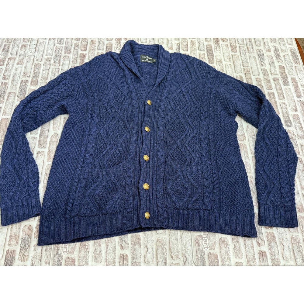 Irish Store Mens Blue Merino Wool Cable Knit Cardigan Sweater Gold Button L